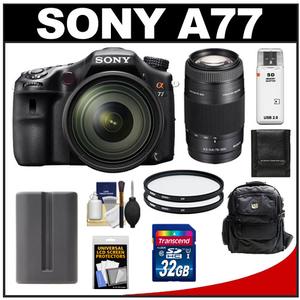 Sony Alpha SLT-A77 Translucent Mirror Technology Digital SLR Camera Body & 16-50mm Lens with 75-300mm Zoom Lens + 32GB Card + Battery + (2) Filters + Backpack + - Digital Cameras and Accessories - Hip Lens.com