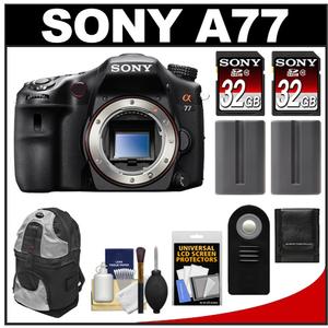 Sony Alpha SLT-A77 Translucent Mirror Technology Digital SLR Camera Body with 2 Sony 32GB Cards + 2 Batteries + Backpack Case + Remote  + Accessory Kit - Digital Cameras and Accessories - Hip Lens.com
