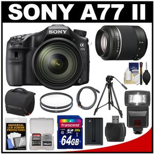 Sony Alpha A77 II Wi-Fi Digital SLR Camera & 16-50mm Lens with 55-200mm Lens + 64GB Card + Battery + Case + Tripod + Flash + Filters + Kit