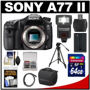 Sony Alpha A77 II Wi-Fi Digital SLR Camera Body with 64GB Card + Battery + Case + Tripod + Flash + Kit