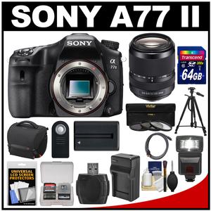 Sony Alpha A77 II Wi-Fi Digital SLR Camera Body with 18-135mm Lens + 64GB Card + Battery + Charger + Case + Tripod + Filters + Flash + Kit