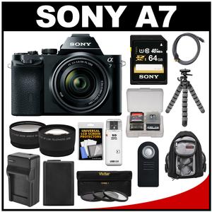 Sony Alpha A7 Digital Camera & 28-70mm FE OSS Lens (Black) with 64GB Card + Battery & Charger + Backpack + Flex Tripod + Tele/Wide Lens Kit