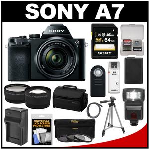 Sony Alpha A7 Digital Camera & 28-70mm FE OSS Lens (Black) with 64GB Card + Battery & Charger + Case + Tripod + Flash + Tele/Wide Lens Kit