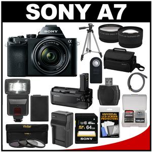 Sony Alpha A7 Digital Camera & 28-70mm FE OSS Lens (Black) with VG-C1EM Grip + 64GB Card + Case + Battery + Tripod + Flash + 2 Lenses Kit