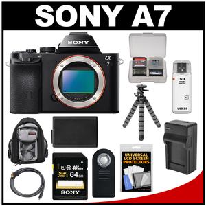 Sony Alpha A7 Digital Camera Body (Black) with 64GB Card + Battery & Charger + Backpack + Flex Tripod Kit