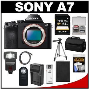 Sony Alpha A7 Digital Camera Body (Black) with 64GB Card + Battery & Charger + Case + Tripod + Flash Kit