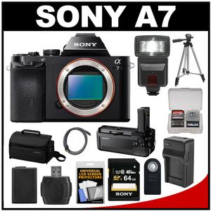 Sony Alpha A7 Digital Camera Body (Black) with VG-C1EM Grip + 64GB Card + Case + Battery + Tripod + Flash + Accessory Kit