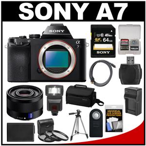 Sony Alpha A7 Digital Camera Body (Black) with Sonnar T* FE 35mm f/2.8 ZA Lens + 64GB Card + Case + Flash + Battery + Tripod Kit