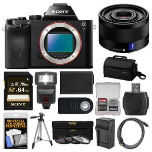 Sony Alpha A7 Digital Camera Body (Black) with Sonnar T* FE 35mm f/2.8 ZA Lens + 64GB Card + Case + Flash + Battery + Tripod Kit