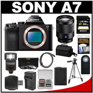 Sony Alpha A7 Digital Camera Body (Black) with Vario-Tessar T* FE 24-70mm f/4.0 ZA Lens + 64GB Card + Case + Flash + Tripod Kit