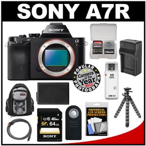 Sony Alpha A7R Digital Camera Body (Black) with 64GB Card + Battery & Charger + Backpack + Flex Tripod Kit