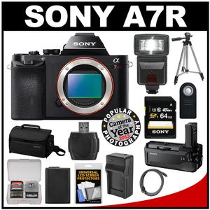 Sony Alpha A7R Digital Camera Body (Black) with VG-C1EM Grip + 64GB Card + Case + Battery + Tripod + Flash + Accessory Kit