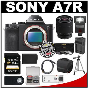 Sony Alpha A7R Digital Camera Body (Black) with 28-70mm Lens + 64GB Card + Case + Flash + Battery & Charger + Tripod Kit