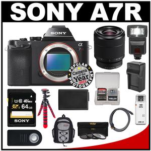 Sony Alpha A7R Digital Camera Body (Black) with 28-70mm Lens + 64GB Card + Backpack + Flash + Battery & Charger + Flex Tripod Kit