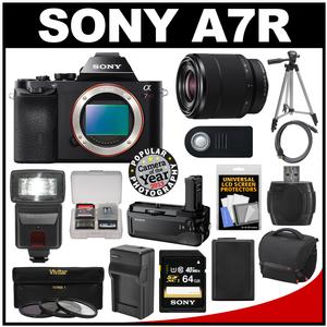Sony Alpha A7R Digital Camera Body (Black) with 28-70mm Zoom Lens + VG-C1EM Grip + 64GB Card + Case + Battery + Tripod + Flash + Kit
