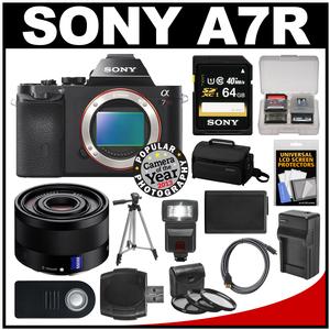 Sony Alpha A7R Digital Camera Body (Black) with Sonnar T* FE 35mm f/2.8 ZA Lens + 64GB Card + Case + Flash + Battery + Tripod Kit
