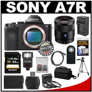 Sony Alpha A7R Digital Camera Body (Black) with Sonnar T* FE 55mm f/1.8 ZA Lens + 64GB Card + Case + Flash + Battery + Tripod Kit