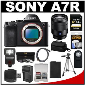 Sony Alpha A7R Digital Camera Body (Black) with Vario-Tessar T* FE 24-70mm f/4.0 ZA Lens + 64GB Card + Case + Flash + Tripod Kit
