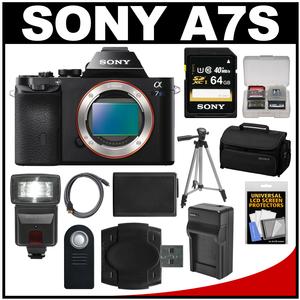 Sony Alpha A7S Digital Camera Body with 64GB Card + Battery & Charger + Case + Tripod + Flash Kit