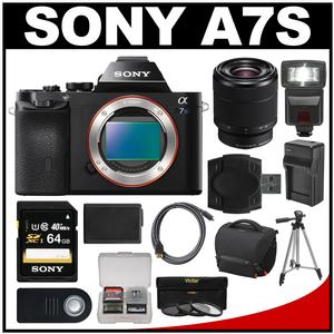 Sony Alpha A7S Digital Camera Body with 28-70mm Lens + 64GB Card + Case + Flash + Battery & Charger + Tripod Kit