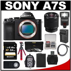 Sony Alpha A7S Digital Camera Body with 28-70mm Lens + 64GB Card + Backpack + Flash + Battery & Charger + Flex Tripod Kit