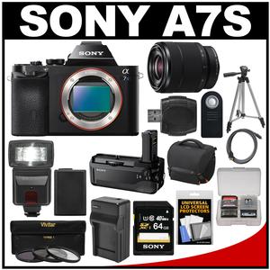 Sony Alpha A7S Digital Camera Body with 28-70mm Zoom Lens + VG-C1EM Grip + 64GB Card + Case + Battery + Tripod + Flash + Kit