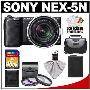 Sony Alpha NEX-5N Digital Camera Body & E 18-55mm OSS Lens (Black) with 16GB Card + Battery + 3 UV/FLD/PL Filters + Case + Accessory Kit - Digital Cameras and Accessories - Hip Lens.com