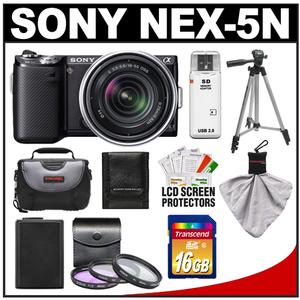 Sony Alpha NEX-5N Digital Camera Body & E 18-55mm OSS Lens (Black) with 16GB Card + Battery + 3 UV/FLD/PL Filters + Case + Tripod + Accessory Kit - Digital Cameras and Accessories - Hip Lens.com