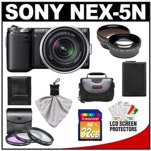 Sony Alpha NEX-5N Digital Camera Body & E 18-55mm OSS Lens (Black) with 32GB Card + Battery + 3 UV/FLD/PL Filters + Telephoto & Wide-Angle Lenses + Case Kit - Digital Cameras and Accessories - Hip Lens.com