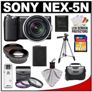 Sony Alpha NEX-5N Digital Camera Body & E 18-55mm OSS Lens (Black) with 32GB Card + Battery + 3 Filters + Telephoto & Wide-Angle Lenses + Case + Tripod Kit - Digital Cameras and Accessories - Hip Lens.com