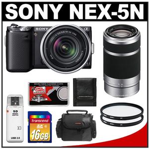 Sony Alpha NEX-5N Digital Camera Body & E 18-55mm OSS Lens (Black) with E 55-210mm OSS Zoom Lens + 16GB Card + 2 Filters + Case + Accessory Kit - Digital Cameras and Accessories - Hip Lens.com