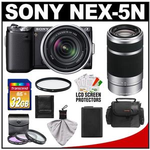 Sony Alpha NEX-5N Digital Camera Body & E 18-55mm OSS Lens (Black) with E 55-210mm OSS Zoom Lens + 32GB Card + Battery + 4 Filters + Case + Accessory Kit - Digital Cameras and Accessories - Hip Lens.com