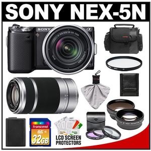 Sony Alpha NEX-5N Digital Camera Body & E 18-55mm OSS Lens (Black) with E 55-210mm Lens + 32GB Card + Battery + Filters + Tele & Wide-Angle Lenses + Case Kit - Digital Cameras and Accessories - Hip Lens.com
