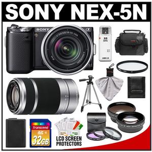 Sony Alpha NEX-5N Digital Camera Body & E 18-55mm OSS Lens (Black) with E 55-210mm Lens + 32GB Card + Battery + Tele & Wide-Angle Lenses + Case + Tripod Kit - Digital Cameras and Accessories - Hip Lens.com
