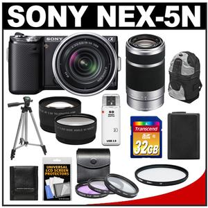 Sony Alpha NEX-5N Digital Camera Body & E 18-55mm OSS Lens (Black) with E 55-210mm Lens + 32GB Card + Battery + Tele & Wide Lenses + Backpack + Tripod Kit - Digital Cameras and Accessories - Hip Lens.com
