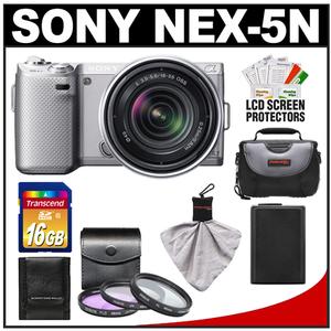 Sony Alpha NEX-5N Digital Camera Body & E 18-55mm OSS Lens (Silver) with 16GB Card + Battery + 3 UV/FLD/PL Filters + Case + Accessory Kit - Digital Cameras and Accessories - Hip Lens.com