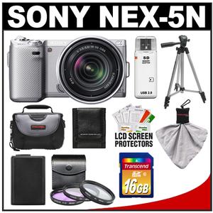 Sony Alpha NEX-5N Digital Camera Body & E 18-55mm OSS Lens (Silver) with 16GB Card + Battery + 3 UV/FLD/PL Filters + Case + Tripod + Accessory Kit - Digital Cameras and Accessories - Hip Lens.com