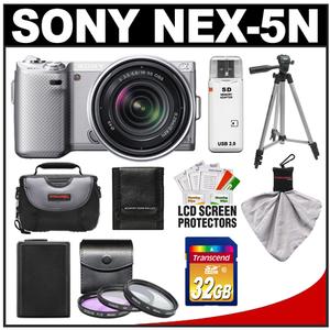 Sony Alpha NEX-5N Digital Camera Body & E 18-55mm OSS Lens (Silver) with 32GB Card + Battery + 3 UV/FLD/PL Filters + Case + Tripod + Accessory Kit - Digital Cameras and Accessories - Hip Lens.com