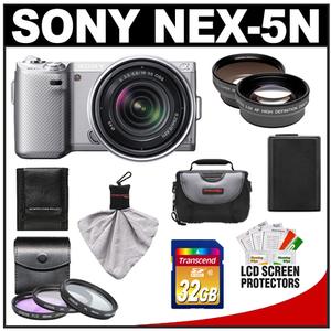 Sony Alpha NEX-5N Digital Camera Body & E 18-55mm OSS Lens (Silver) with 32GB Card + Battery + 3 UV/FLD/PL Filters + Telephoto & Wide-Angle Lenses + Case Kit - Digital Cameras and Accessories - Hip Lens.com