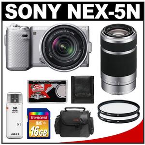 Sony Alpha NEX-5N Digital Camera Body & E 18-55mm OSS Lens (Silver) with E 55-210mm OSS Zoom Lens + 16GB Card + 2 Filters + Case + Accessory Kit - Digital Cameras and Accessories - Hip Lens.com