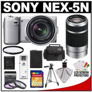 Sony Alpha NEX-5N Digital Camera Body & E 18-55mm OSS Lens (Silver) with E 55-210mm OSS Lens + 16GB Card + Battery + 4 Filters + Case + Tripod + Accessory Kit - Digital Cameras and Accessories - Hip Lens.com