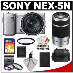 Sony Alpha NEX-5N Digital Camera Body & E 18-55mm OSS Lens (Silver) with E 55-210mm OSS Zoom Lens + 32GB Card + Battery + 4 Filters + Case + Accessory Kit - Digital Cameras and Accessories - Hip Lens.com