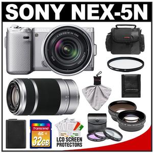 Sony Alpha NEX-5N Digital Camera Body & E 18-55mm OSS Lens (Silver) with E 55-210mm Lens + 32GB Card + Battery + Filters + Tele & Wide-Angle Lenses + Case Kit - Digital Cameras and Accessories - Hip Lens.com