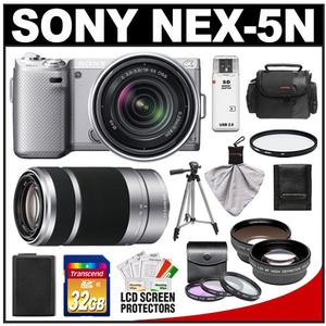 Sony Alpha NEX-5N Digital Camera Body & E 18-55mm OSS Lens (Silver) with E 55-210mm Lens + 32GB Card + Battery + Tele & Wide-Angle Lenses + Case + Tripod Kit - Digital Cameras and Accessories - Hip Lens.com