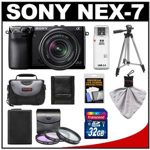 Sony Alpha NEX-7 Digital Camera Body & E 18-55mm OSS Lens (Black) with 32GB Card + Battery + 3 UV/FLD/PL Filters + Case + Tripod + Accessory Kit - Digital Cameras and Accessories - Hip Lens.com