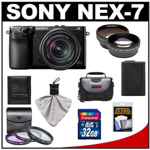 Sony Alpha NEX-7 Digital Camera Body & E 18-55mm OSS Lens (Black) with 32GB Card + Battery + 3 UV/FLD/PL Filters + Telephoto & Wide-Angle Lenses + Case Kit - Digital Cameras and Accessories - Hip Lens.com