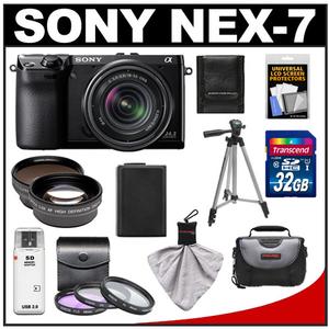 Sony Alpha NEX-7 Digital Camera Body & E 18-55mm OSS Lens (Black) with 32GB Card + Battery + 3 Filters + Telephoto & Wide-Angle Lenses + Case + Tripod Kit - Digital Cameras and Accessories - Hip Lens.com