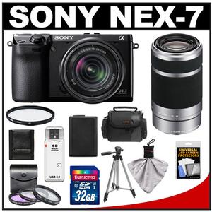 Sony Alpha NEX-7 Digital Camera Body & E 18-55mm OSS Lens (Black) with E 55-210mm OSS Lens + 32GB Card + Battery + 4 Filters + Case + Tripod + Accessory Kit - Digital Cameras and Accessories - Hip Lens.com