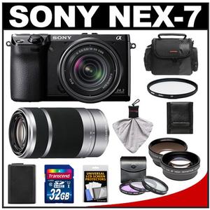 Sony Alpha NEX-7 Digital Camera Body & E 18-55mm OSS Lens (Black) with E 55-210mm Lens + 32GB Card + Battery + Filters + Tele & Wide-Angle Lenses + Case Kit - Digital Cameras and Accessories - Hip Lens.com