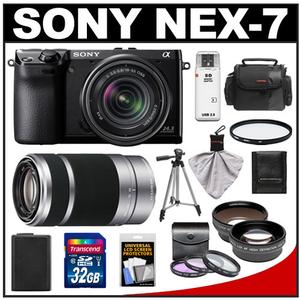 Sony Alpha NEX-7 Digital Camera Body & E 18-55mm OSS Lens (Black) with E 55-210mm Lens + 32GB Card + Battery + Tele & Wide-Angle Lenses + Case + Tripod Kit - Digital Cameras and Accessories - Hip Lens.com